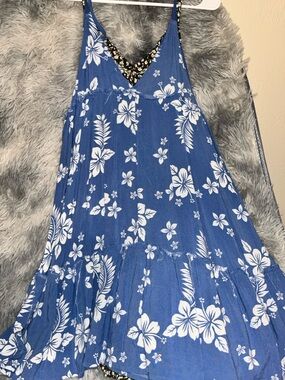 Blue Tropical Boho Mini Spaghetti Strap Dress